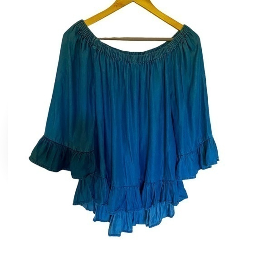 Jane And Delany Women’s Blue Chambray denim Off Shoulder 3/4 Bell Sleeve Top L